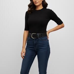 Vintage Y2K Nine West Genuine Leather Belt Women's L/XL Black Woven Stretchy